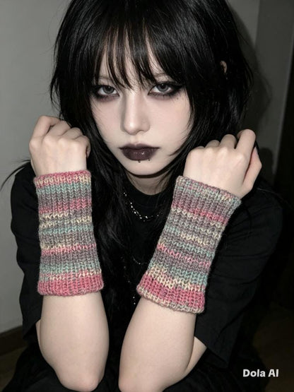 Handmade Knitted Wrist Cuffs | Pink Green Purple  | Emo Goth Steampunk Style