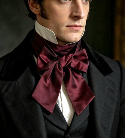 Burgundy Red Silky Dupion Cravat Bow Tie - Steampunk Pussy Bow Gothic Victorian Costume Wedding