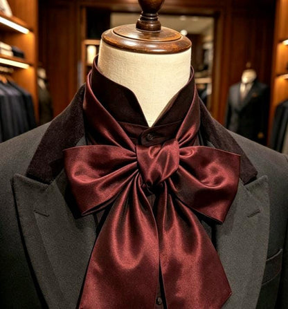 Burgundy Red Silky Dupion Cravat Bow Tie - Steampunk Pussy Bow Gothic Victorian Costume Wedding