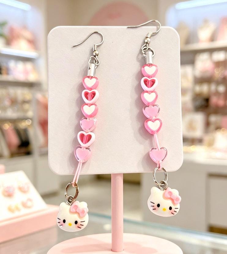 Handmade Pink Lolita Kawaii Earrings, Pierced, Hearts & Kitty
