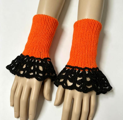 Orange Black Spider Web Knitted Wrist Cuffs - Halloween Emo Steampunk Goth