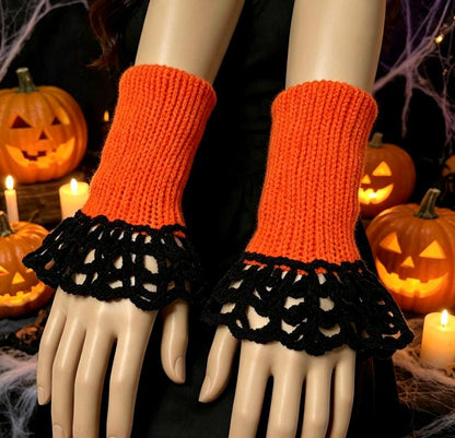 Orange Black Spider Web Knitted Wrist Cuffs - Halloween Emo Steampunk Goth