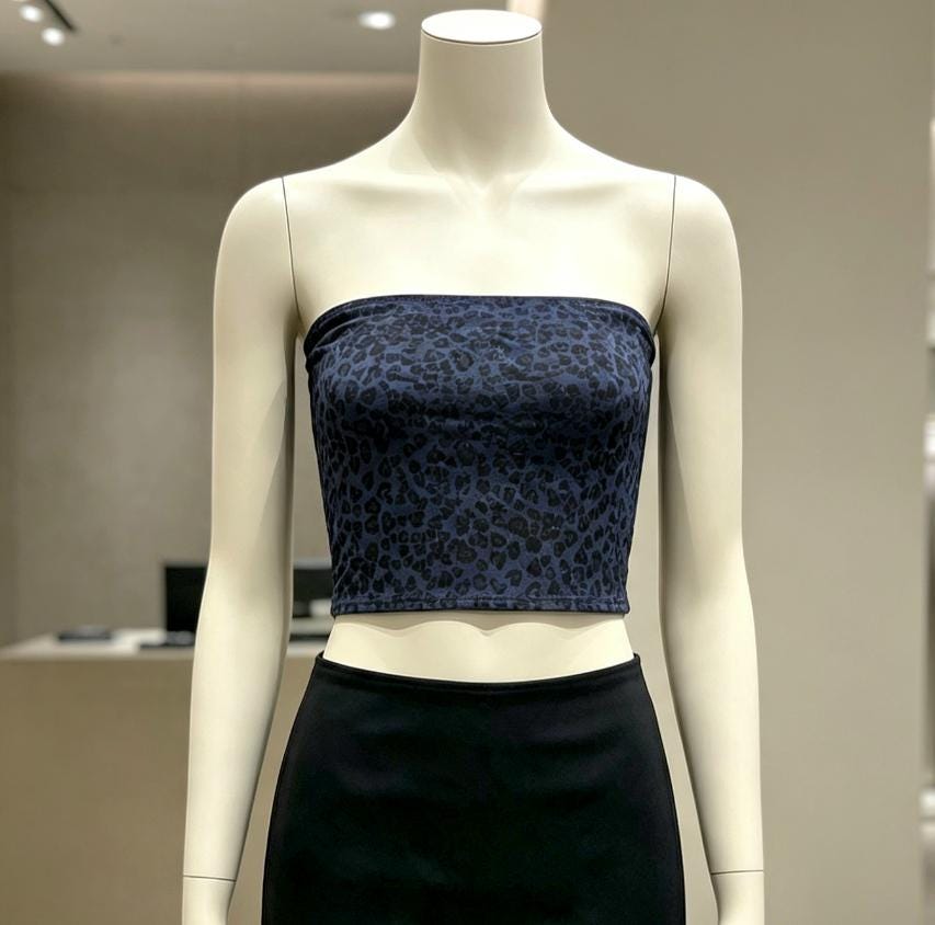 Dark Blue Leopard Print Boob Tube Stretch Bandeau Top Party Gothic 12 - 14 (UK)