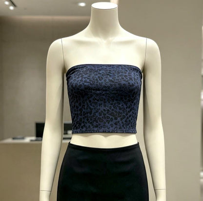 Dark Blue Leopard Print Boob Tube Stretch Bandeau Top Party Gothic 12 - 14 (UK)