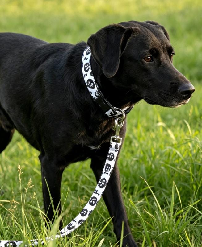 Black White Skulls Dog Collar And Lead Set - Medium -  Matching Leash Set - Gothic