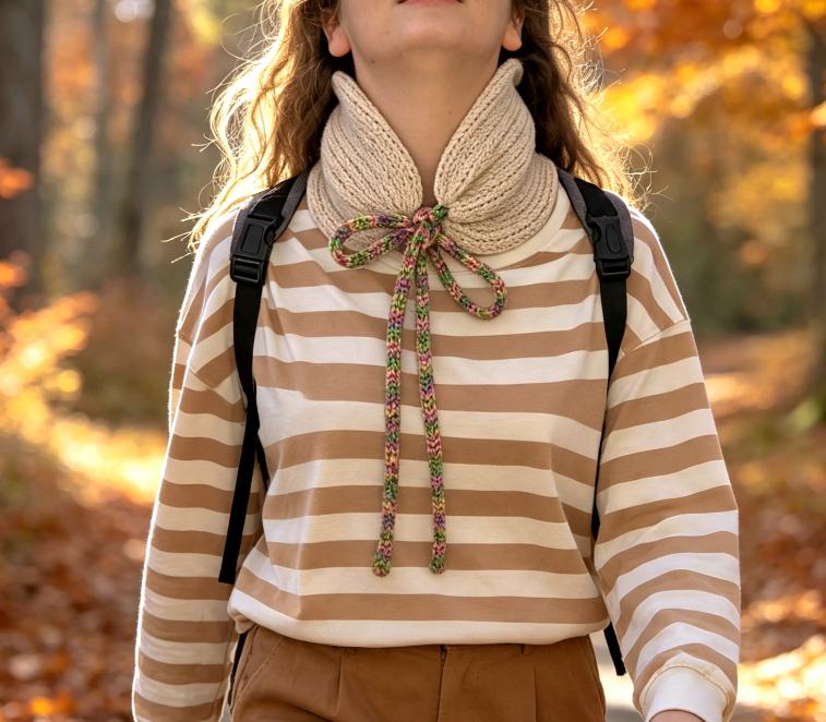 Cosy Cream Beige Knitted Snood: Neck Warmer Band With Rainbow Cord Ties