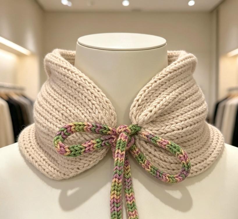 Cosy Cream Beige Knitted Snood: Neck Warmer Band With Rainbow Cord Ties