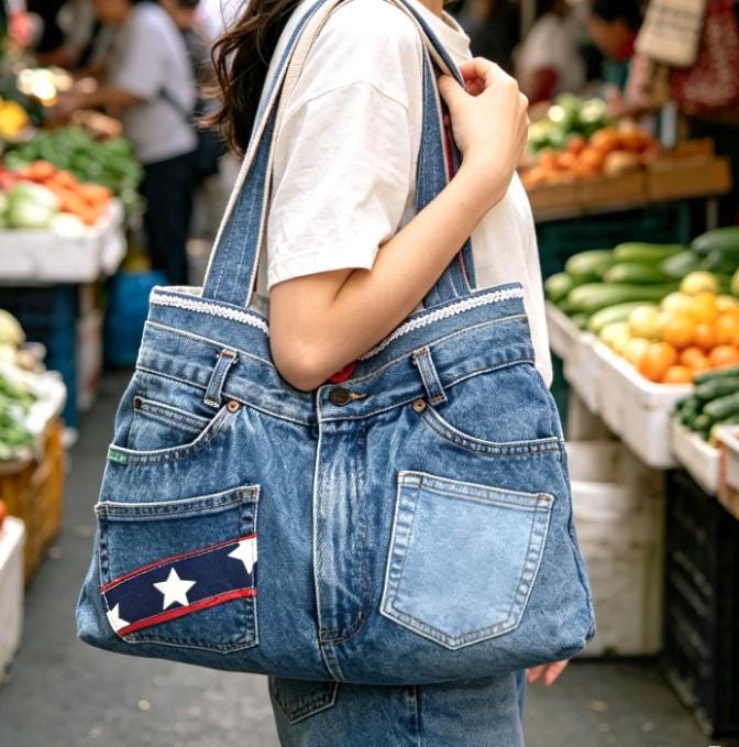Large Blue Denim Upcycled Jeans Shoulder Bag Fully Lined , Stars Stripes, Pockets, Holiday Festival Boho