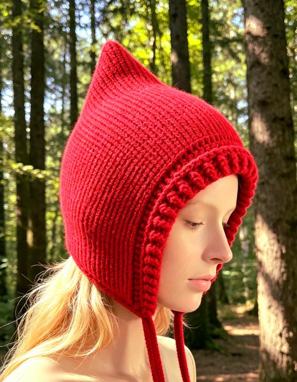 Handmade Red Knitted Pixie Bonnet: With Knitted Cord Ties, Woodland Festival