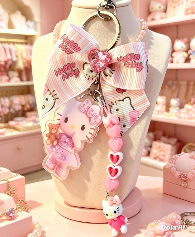 Pretty Lolita Keyring Key Chain Kitty Pink White Hearts Bows Beads Kawaii, Gift