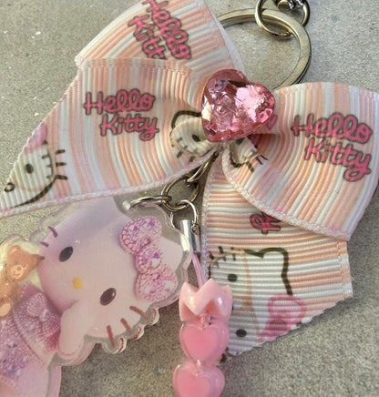 Pretty Lolita Keyring Key Chain Kitty Pink White Hearts Bows Beads Kawaii, Gift