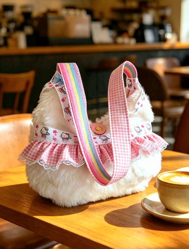 White Faux Fur Lolita Kawaii Hand Bag Pink Blue Bows Lace Frills Cosplay Tea Party