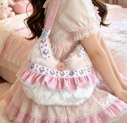 White Faux Fur Lolita Kawaii Hand Bag Pink Blue Bows Lace Frills Cosplay Tea Party