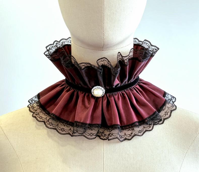 Burgundy Taffeta Frilled Neck Ruff Collar with Black Lace & Velvet - Steampunk Gothic Whitby