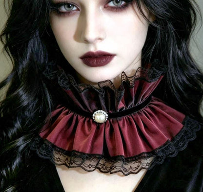 Burgundy Taffeta Frilled Neck Ruff Collar with Black Lace & Velvet - Steampunk Gothic Whitby