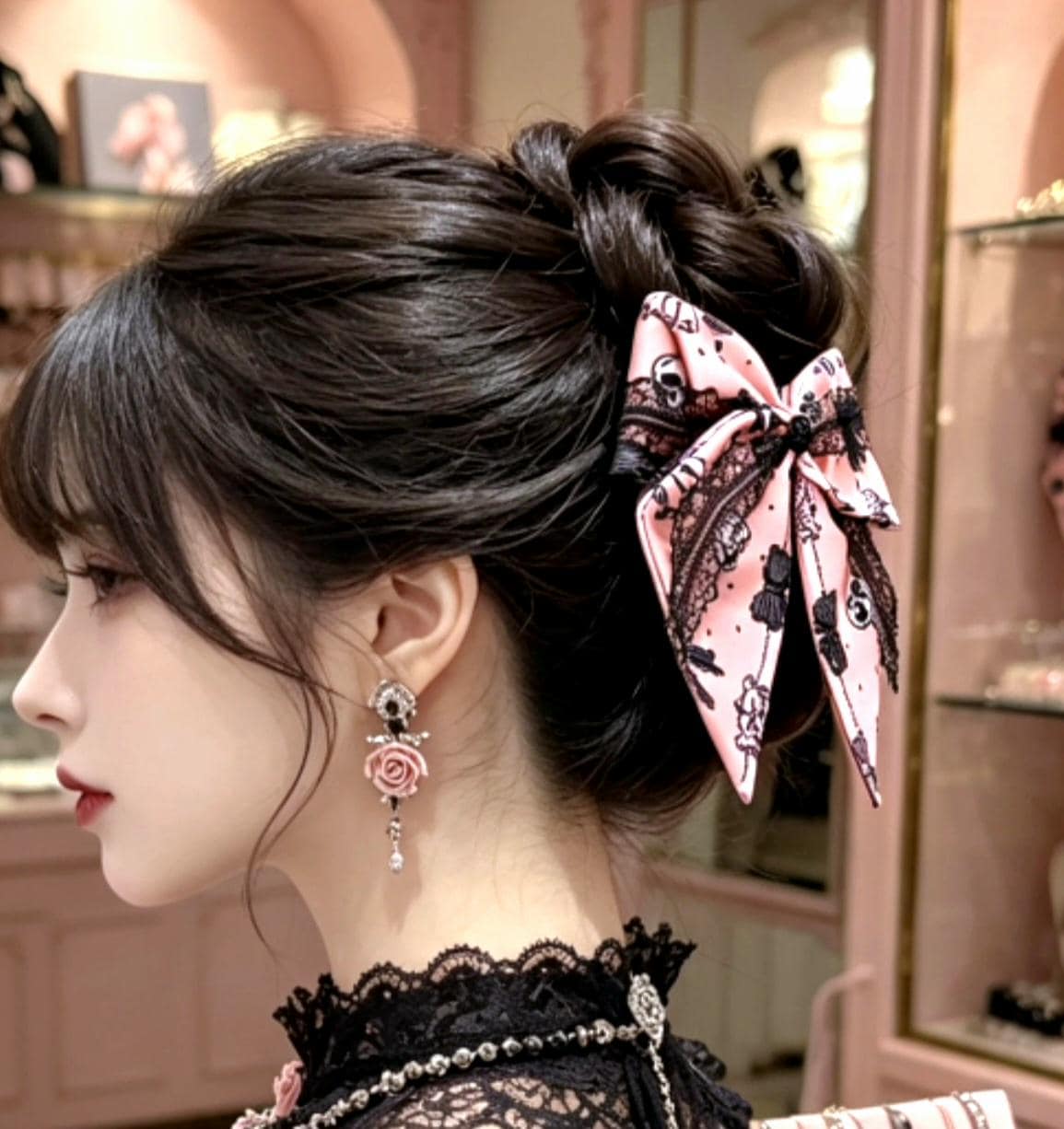 Pink Black Skulls & Bows Hair Bow With Lace Trim, Clip On - Lolita Gothic Punk Holiday