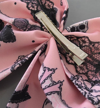 Pink Black Skulls & Bows Hair Bow With Lace Trim, Clip On - Lolita Gothic Punk Holiday
