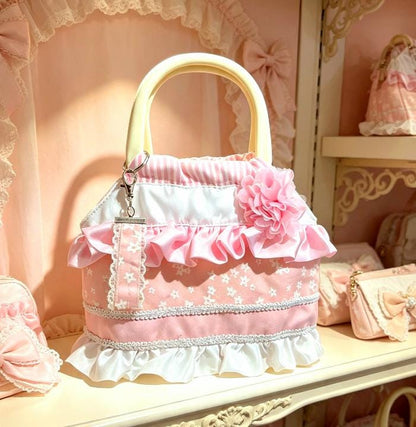 Sweet Lolita Pink & White Frilly Satin Handbag - Kawaii Tea Party Purse