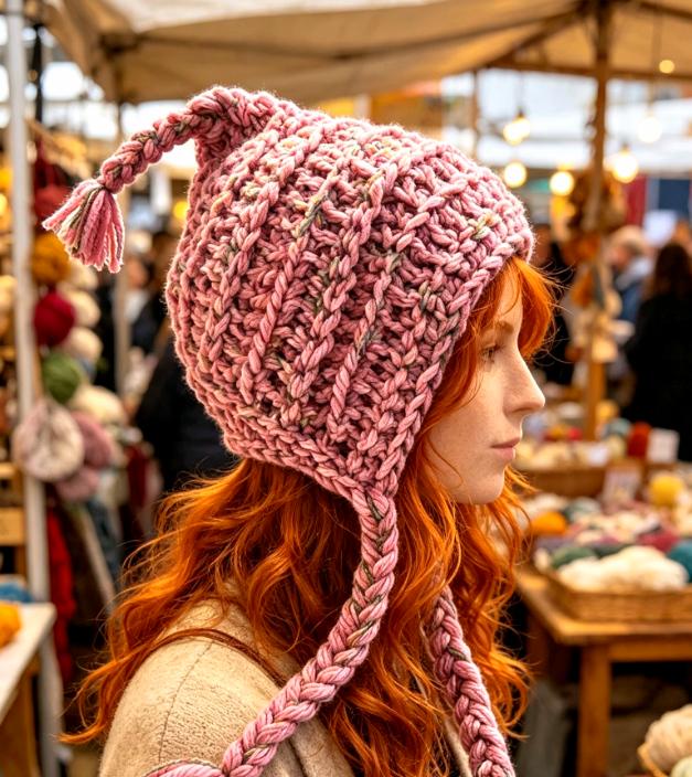 Handmade Pink Chunky Crochet Pixie Hat - Woodland Elf Bonnet with Tassels, Fairycore Winter Festival Beanie