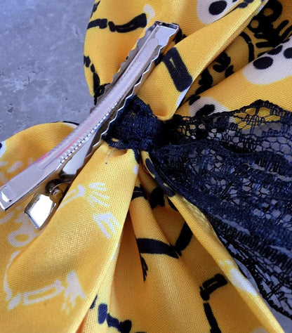 Yellow Black Skeletons Hair Bow With Lace Trim, Clip On - Lolita Gothic Punk Halloween