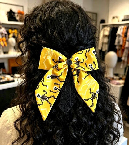 Yellow Black Skeletons Hair Bow With Lace Trim, Clip On - Lolita Gothic Punk Halloween