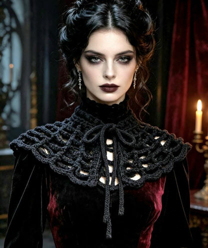 Black Crochet Spider Web Capelet Shawl - Gothic Victorian Costume