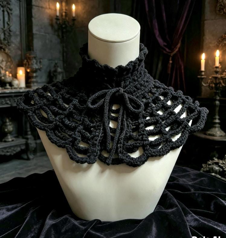 Black Crochet Spider Web Capelet Shawl - Gothic Victorian Costume