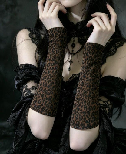 Brown Leopard Print Stretch Arm Warmers , Gothic Victorian Sleeves Costume