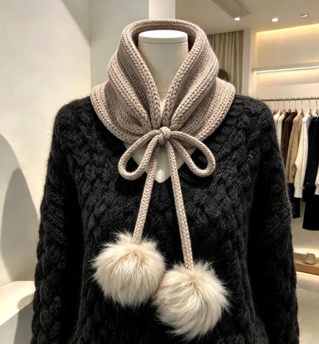 Cosy Cream Beige Knitted Snood: Fur PomPoms Neck Warmer Band With Cord Ties - Winter Autumn