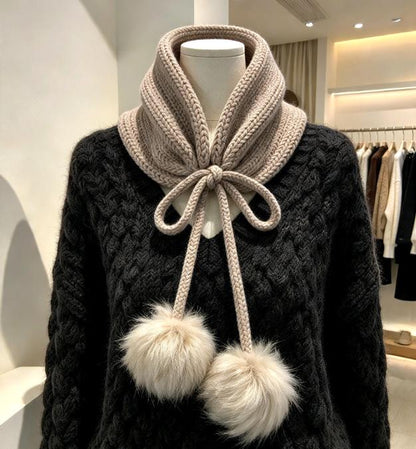Cosy Cream Beige Knitted Snood: Fur PomPoms Neck Warmer Band With Cord Ties - Winter Autumn