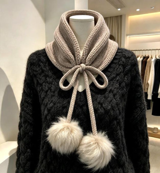 Cosy Cream Beige Knitted Snood: Fur PomPoms Neck Warmer Band With Cord Ties - Winter Autumn