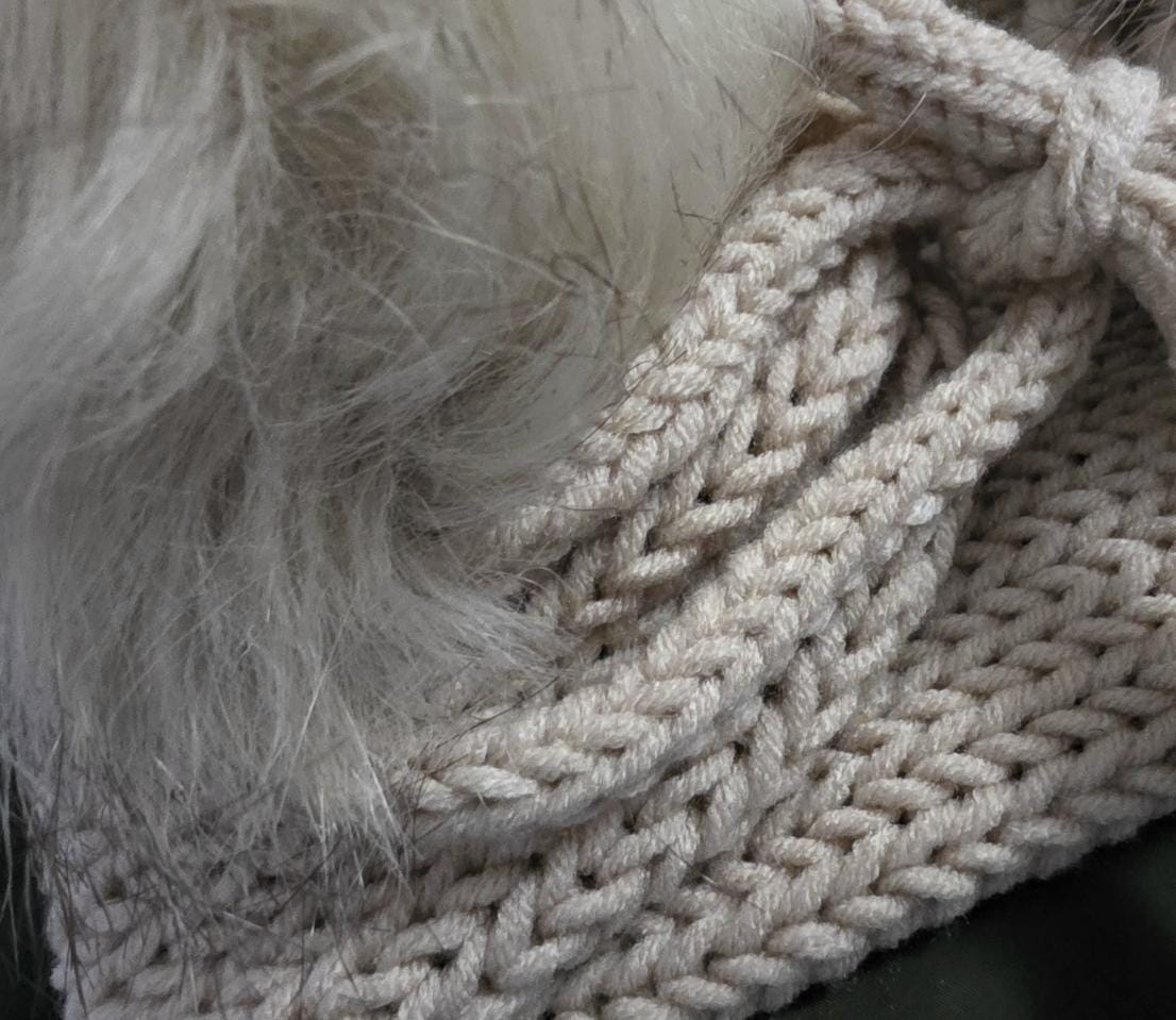 Cosy Cream Beige Knitted Snood: Fur PomPoms Neck Warmer Band With Cord Ties - Winter Autumn
