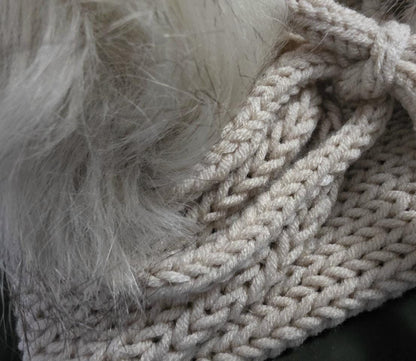 Cosy Cream Beige Knitted Snood: Fur PomPoms Neck Warmer Band With Cord Ties - Winter Autumn