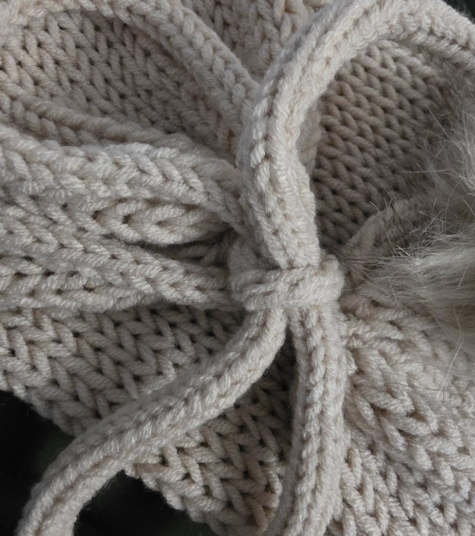 Cosy Cream Beige Knitted Snood: Fur PomPoms Neck Warmer Band With Cord Ties - Winter Autumn