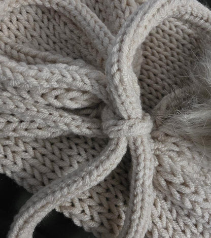 Cosy Cream Beige Knitted Snood: Fur PomPoms Neck Warmer Band With Cord Ties - Winter Autumn