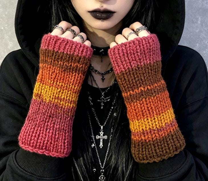 Handmade Orange Yellow Pink Knitted Wrist Cuffs Emo Steampunk Goth Victorian