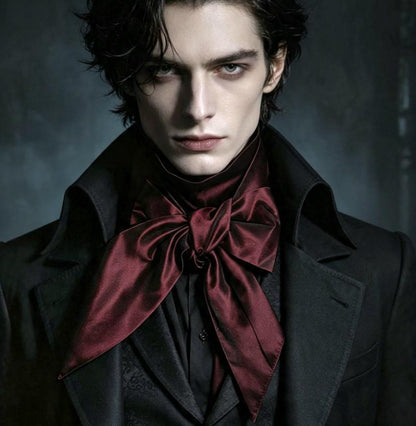 Burgundy Red Silky Dupion Cravat Bow Tie - Steampunk Pussy Bow Gothic Victorian Costume Wedding