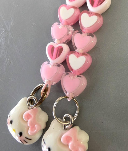 Handmade Pink Lolita Kawaii Earrings, Pierced, Hearts & Kitty