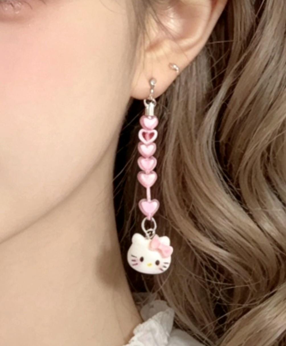 Handmade Pink Lolita Kawaii Earrings, Pierced, Hearts & Kitty
