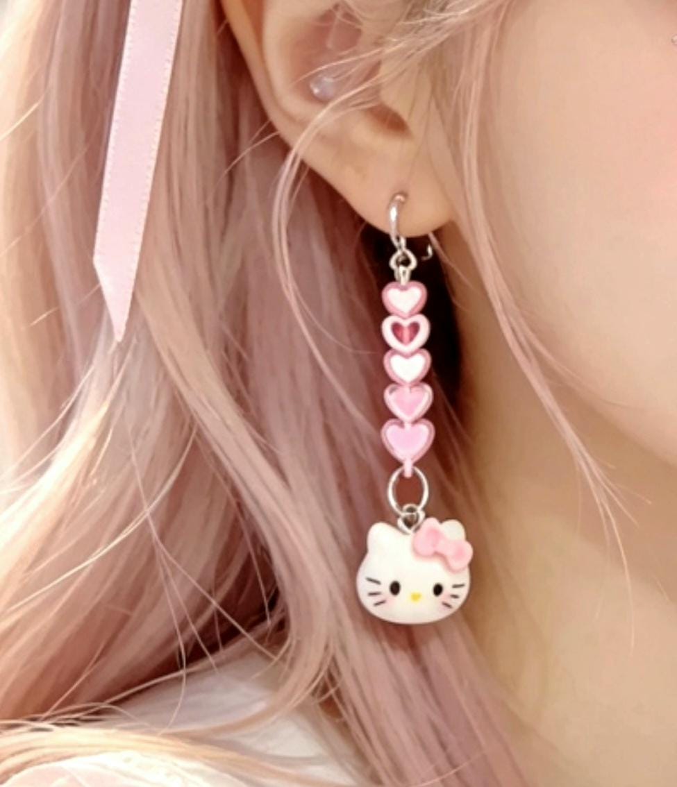 Handmade Pink Lolita Kawaii Earrings, Pierced, Hearts & Kitty