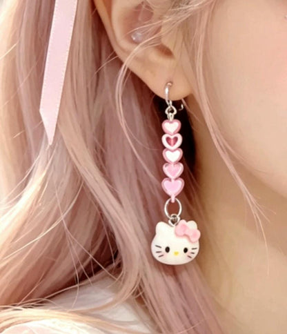 Handmade Pink Lolita Kawaii Earrings, Pierced, Hearts & Kitty