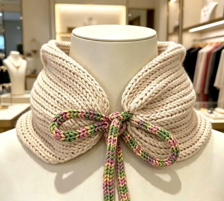 Cosy Cream Beige Knitted Snood: Neck Warmer Band With Rainbow Cord Ties