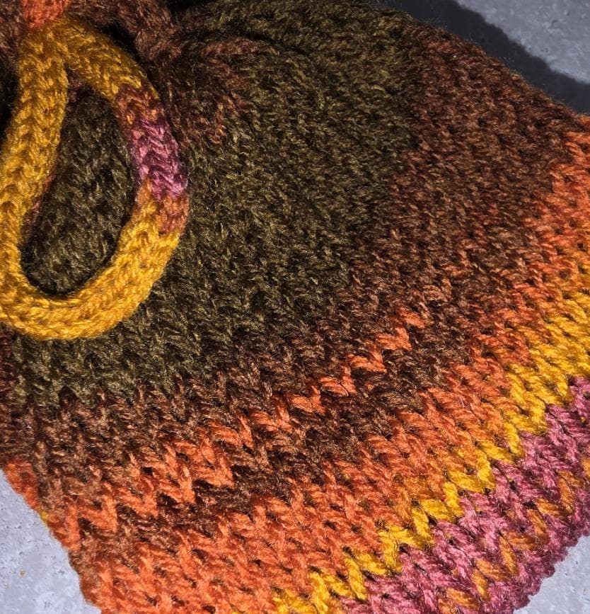 Cosy Pink Orange Purple Knitted Snood: Neck Warmer Band With Crochet Cord Ties