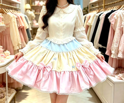 Pink White Lemon Lolita Frilled Tutu Skirt - Emo Kawaii Maid Dance Big Bows (UK 10-12)