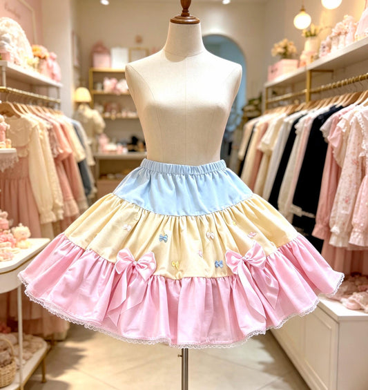 Pink White Lemon Lolita Frilled Tutu Skirt - Emo Kawaii Maid Dance Big Bows (UK 10-12)