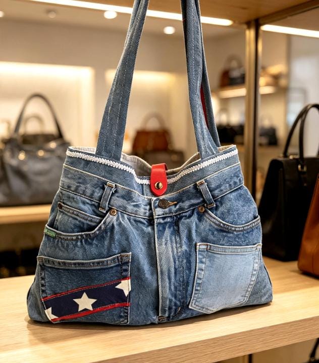 Large Blue Denim Upcycled Jeans Shoulder Bag Fully Lined , Stars Stripes, Pockets, Holiday Festival Boho