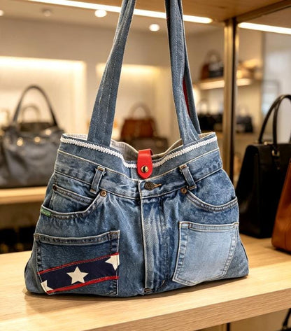 Large Blue Denim Upcycled Jeans Shoulder Bag Fully Lined , Stars Stripes, Pockets, Holiday Festival Boho
