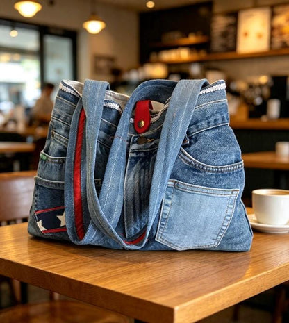 Large Blue Denim Upcycled Jeans Shoulder Bag Fully Lined , Stars Stripes, Pockets, Holiday Festival Boho