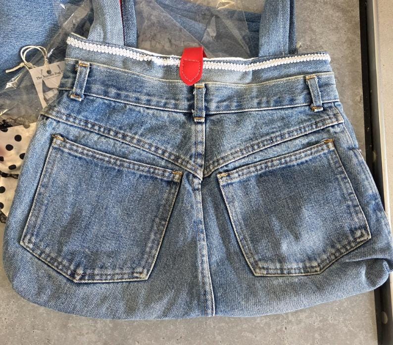 Large Blue Denim Upcycled Jeans Shoulder Bag Fully Lined , Stars Stripes, Pockets, Holiday Festival Boho
