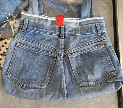 Large Blue Denim Upcycled Jeans Shoulder Bag Fully Lined , Stars Stripes, Pockets, Holiday Festival Boho